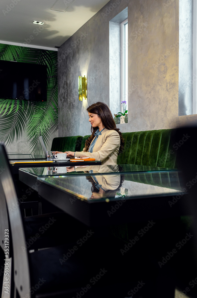 Portrait of smiling woman working online in cafe using laptop. Portrait of smiling woman working online in cafe using laptop.