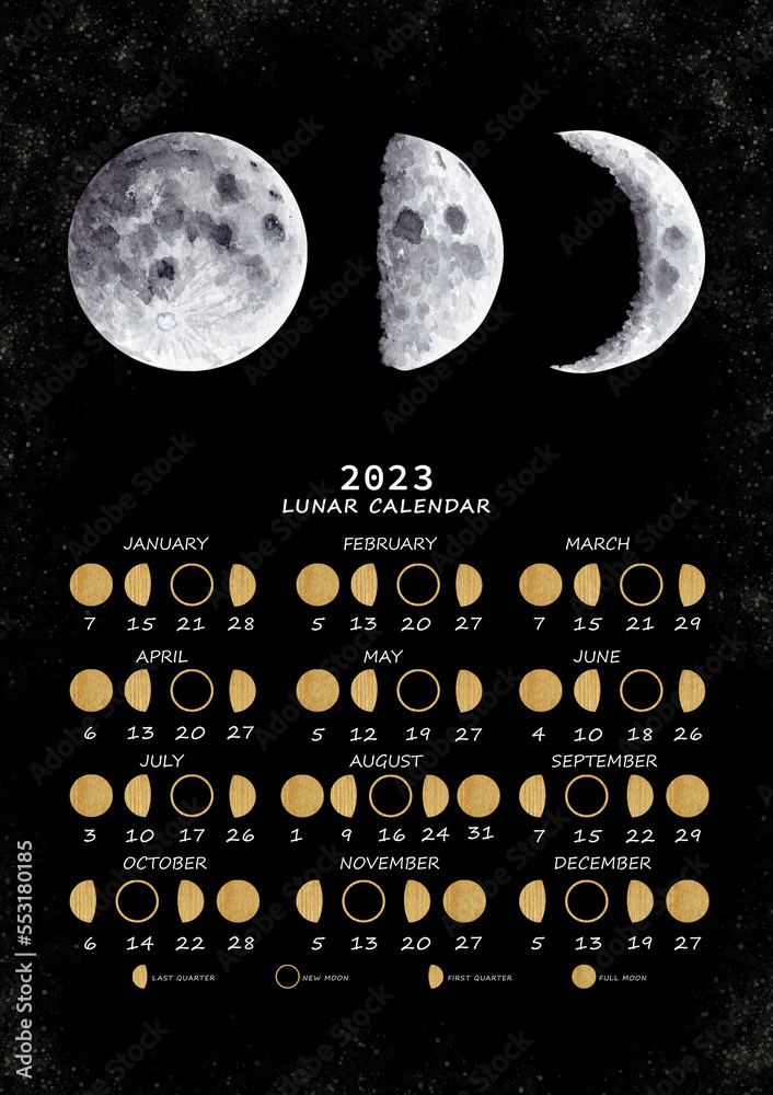 Lunar calendar 2023. Moon phases calendar for 2023 with beautiful watercolor moon phases and