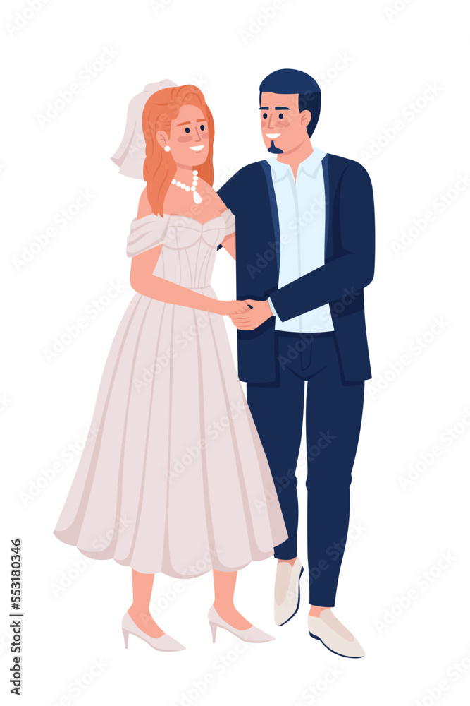 Happy couple holding each other hands semi flat color vector characters. Editable figures. Full body people on white. Simple cartoon style illustration for web graphic design and animation Happy couple holding each other hands semi flat color vector characters. Editable figures. Full body people on white. Simple cartoon style illustration for web graphic design and animation