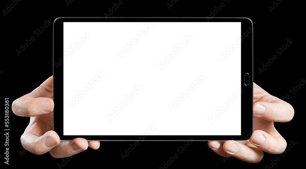 Tablet in male hands, isolated on black background Tablet in male hands, isolated on black background