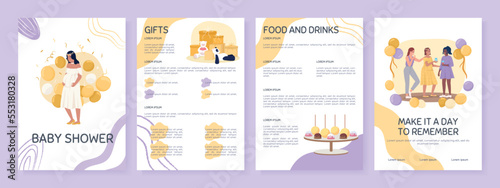 Festive baby shower celebration flat vector brochure template. Booklet, leaflet printable flat color designs. Editable magazine page, reports kit with text space. Sniglet, Comfortaa fonts used