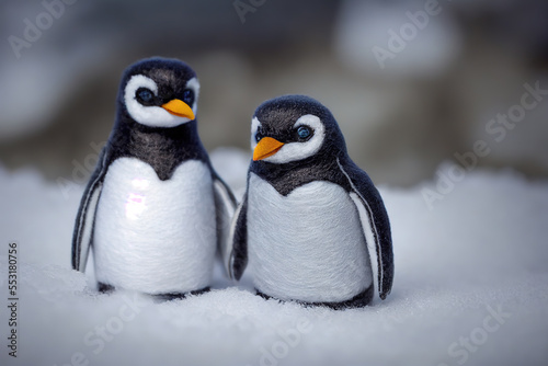 Penguins in a bright cartoon style made of felt. Winter illustration. Generative AI	