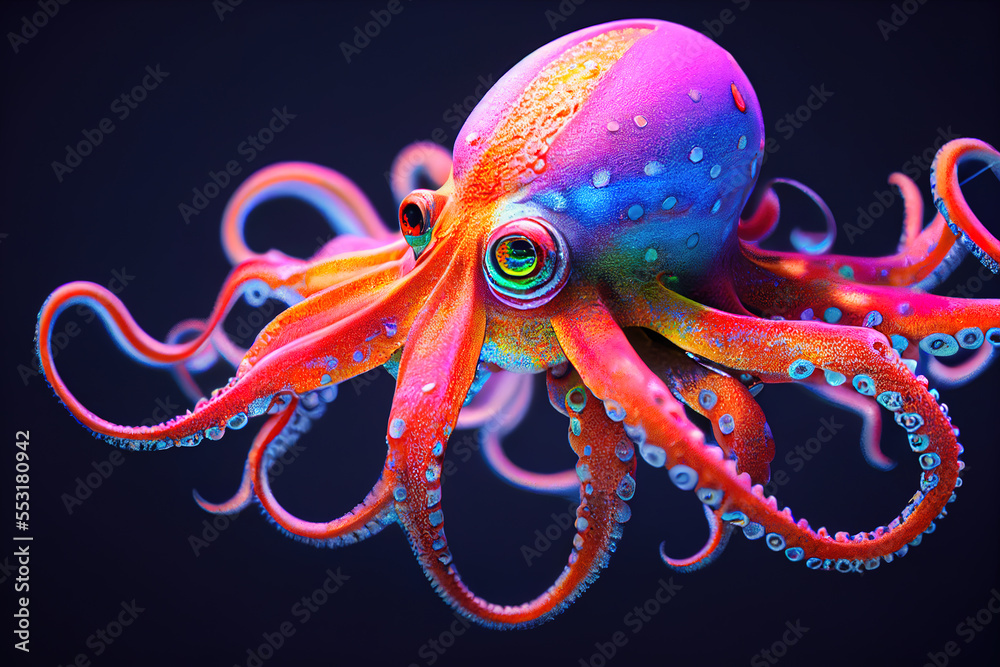 Rainbow octopus in cartoon style. Poster and wall prints. Generative AI Stock Illustration