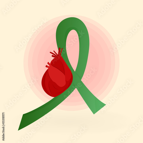 National Donate Life Month. Green ribbon with human heart and pulse. Concept of health and transplantation. Vector illustration in flat style