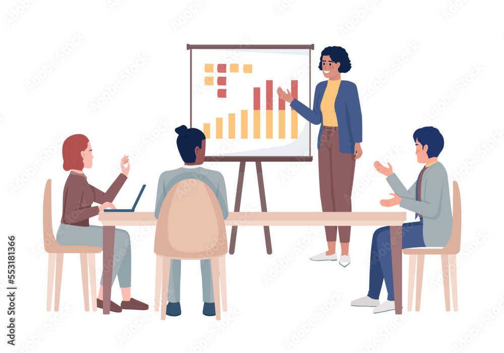 Colleagues discussing business strategy semi flat color vector characters. Editable figures. Full body people on white. Seminar simple cartoon style illustration for web graphic design and animation