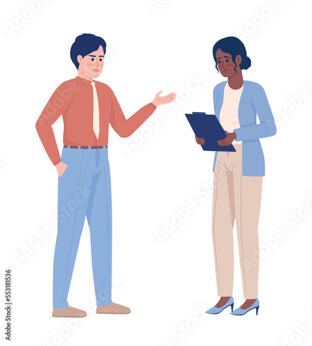 Boss berating employee semi flat color vector characters. Editable figures. Full body people on white. Corporate work simple cartoon style illustration for web graphic design and animation