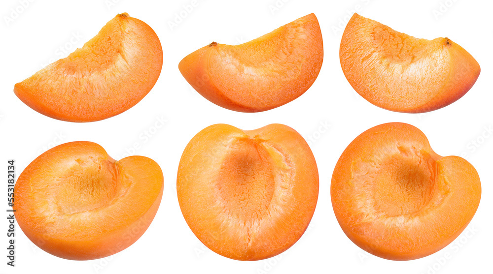 Apricot isolated. Apricot half and slice on white background. Apric collection. Set with clipping path. Full depth of field. Apricot isolated. Apricot half and slice on white background. Apric collection. Set with clipping path. Full depth of field.