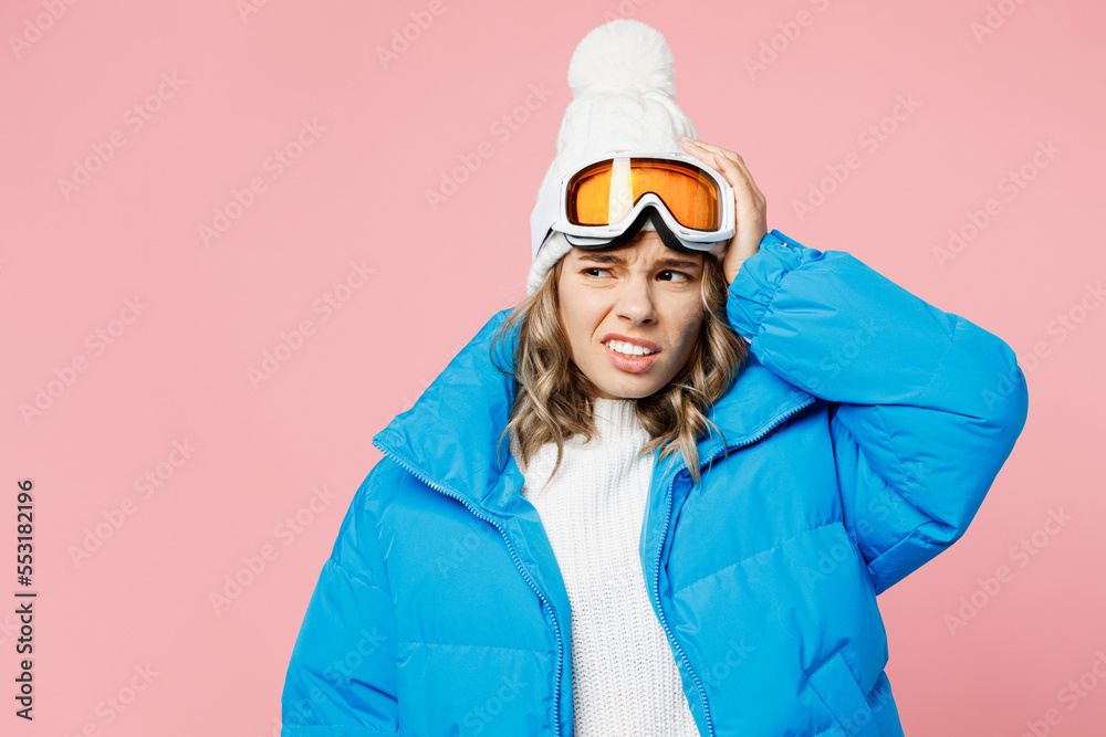 Side view snowboarder man wear black suit goggles mask hat ski padded  jacket do winner gesture celebrate isolated on top. Background Winter  extreme sport hobby weekend trip relax 19048494 Stock Photo at