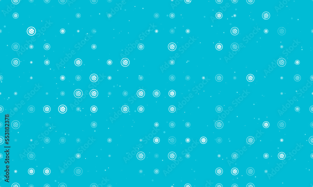 Seamless background pattern of evenly spaced white sushi roll symbols of different sizes and opacity. Vector illustration on cyan background with stars Seamless background pattern of evenly spaced white sushi roll symbols of different sizes and opacity. Vector illustration on cyan background with stars
