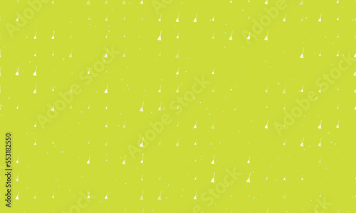 Seamless background pattern of evenly spaced white broom symbols of different sizes and opacity. Vector illustration on lime background with stars