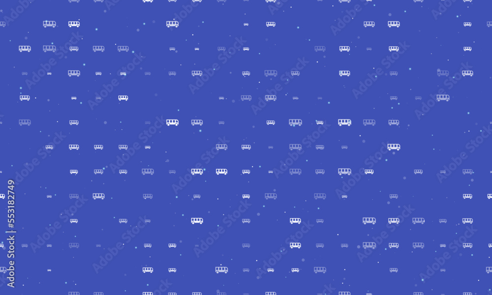 Naklejka premium Seamless background pattern of evenly spaced white bus symbols of different sizes and opacity. Vector illustration on indigo background with stars