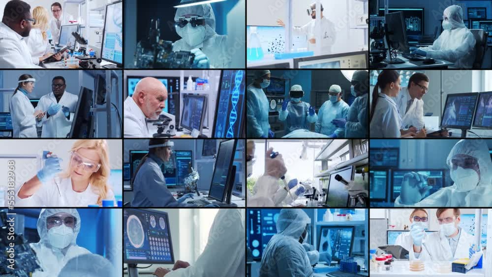 Science, research and laboratory work concept. Diverse people work in modern science labs. Doctors, professors and lab assistants conduct medical, nanotechnological and microelectronic research.