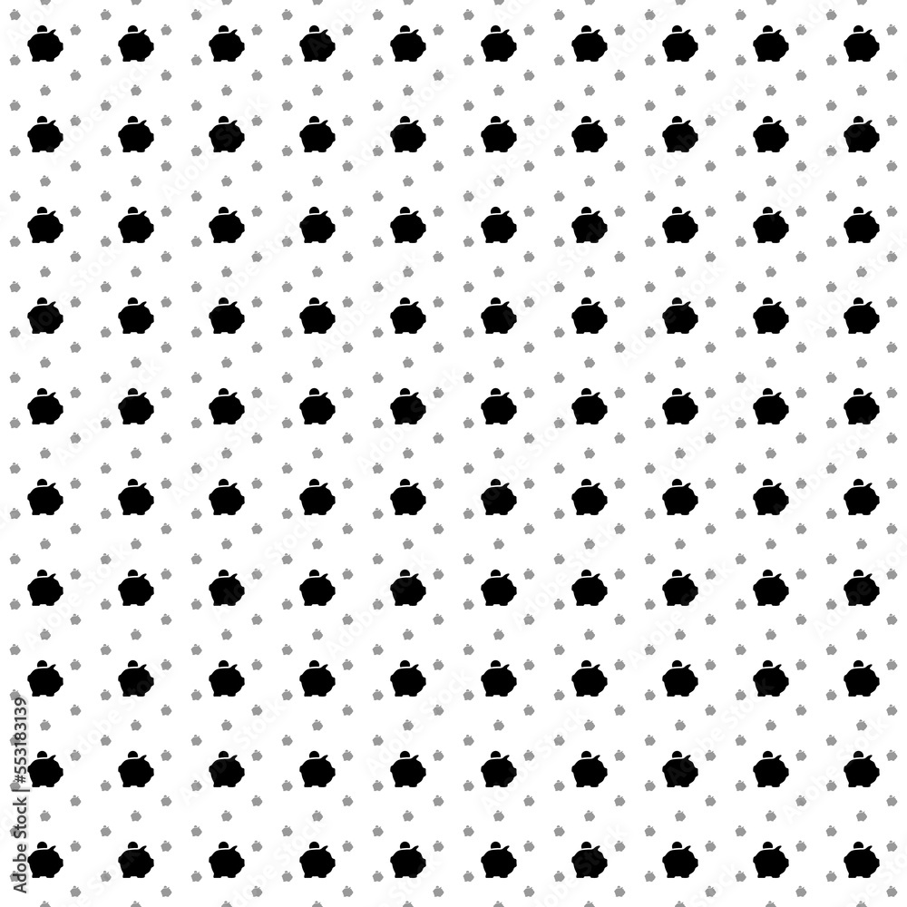 Square seamless background pattern from black piggy bank symbols are different sizes and opacity. The pattern is evenly filled. Vector illustration on white background
