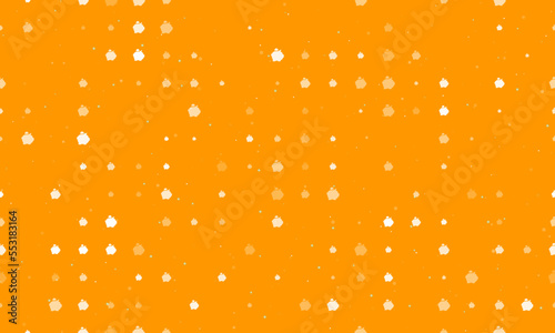 Seamless background pattern of evenly spaced white piggy bank symbols of different sizes and opacity. Vector illustration on orange background with stars