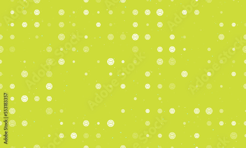 Seamless background pattern of evenly spaced white poker chip symbols of different sizes and opacity. Vector illustration on lime background with stars