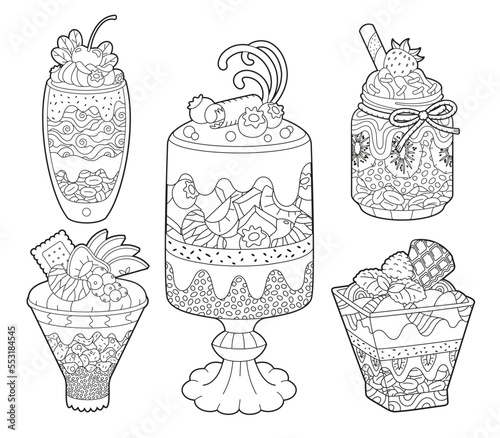 A set of anti-stress coloring books with healthy desserts, trifles with yogurt, fruits and various toppings. Ornamental coloring pages for children and adults.