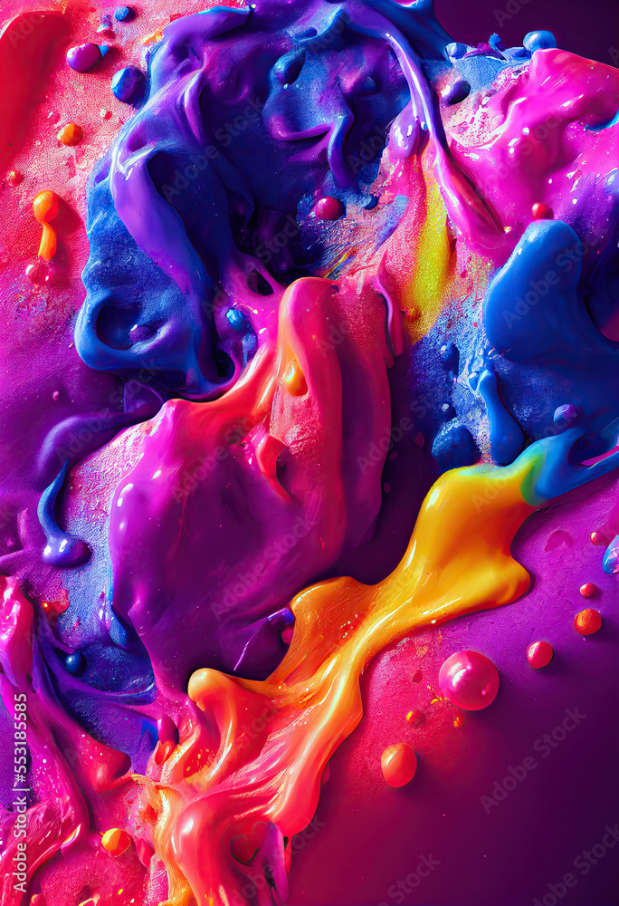 Colorful liquid paint splash background. Beautiful grunge textured fluid art. AI