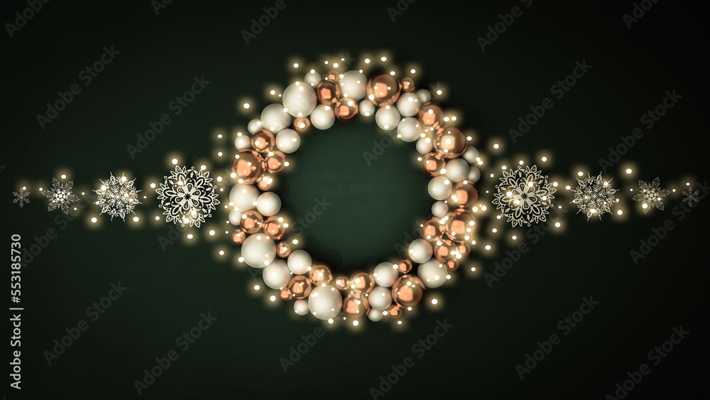 Christmas wreath with red bow and ribbon. Decorated wreath of pine branches realistic look, with berries, star and pearl decorations Christmas wreath with red bow and ribbon. Decorated wreath of pine branches realistic look, with berries, star and pearl decorations