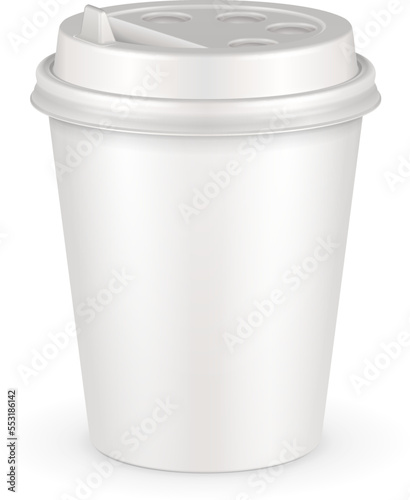 Mockup Blank Disposable Paper Cup With Lid. Container For Cold Or Hot Drink: Coffee, Java, Tea, Cappuccino. Illustration Isolated On White Background. Mock Up Template Ready For Your Design Vector