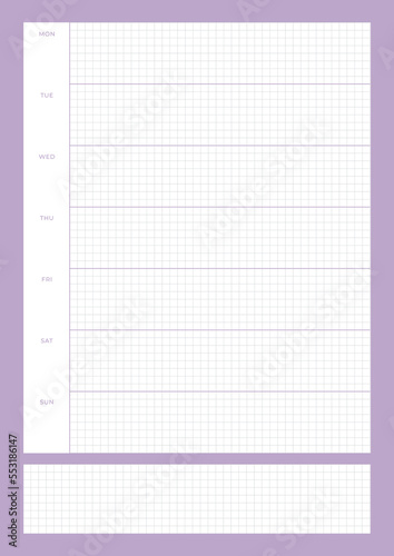 A simple, colorful style weekly planner. Note, scheduler, diary, calendar planner document template illustration.