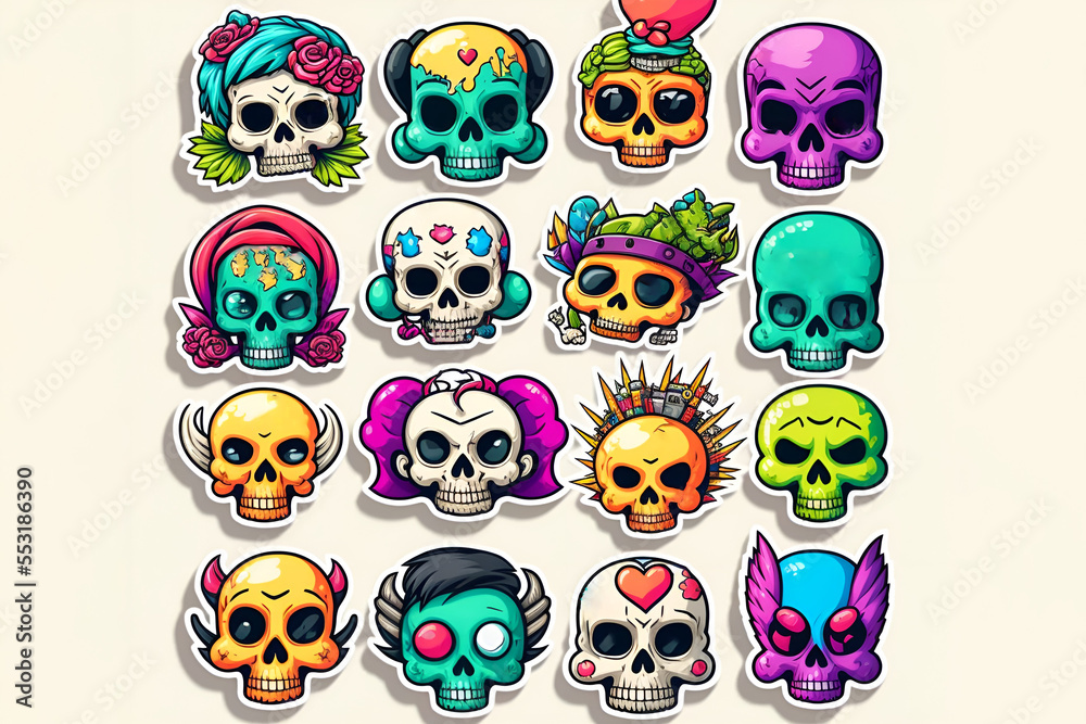 Set of funny cartoon varied skull stickers Set of funny cartoon varied skull stickers