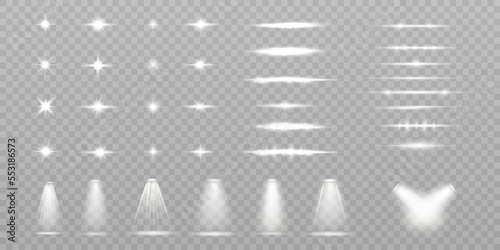 Set of light effects spotlight glowing light isolated on transparent background. light lines. Solar flare with rays and glare. Glow effect. Starburst with shimmering sparkles.  