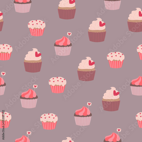 Seamless pattern of cupcakes with hearts on grey background. Hand drawn doodle style 