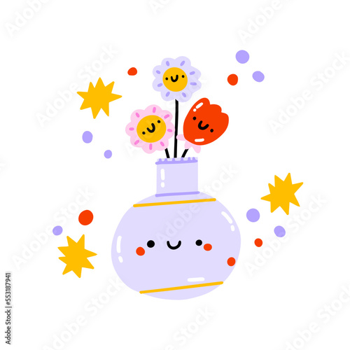 Cartoon bouquet in a round shape vase, cute flower characters, vector illustration isolated on white background.Cute funny kawaii smile face flower in vase.Vector cartoon kawaii character illustration
