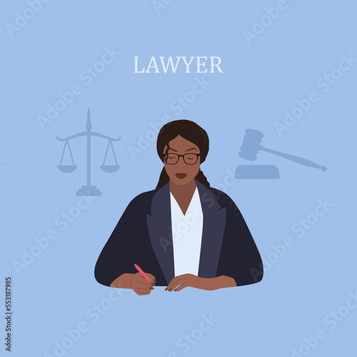 Lawyer profession. Judge. Black woman professional lawyer. Flat style. Vector
