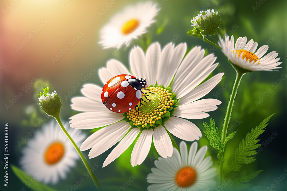 Beautiful natural background with daisy wheel and ladybug. Colorful elegant gentle artistic image of spring summer outdoors nature in morning. Digital artwork