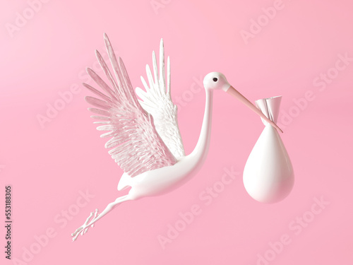 Fotografia Stork carrying a baby isolated on a pink background