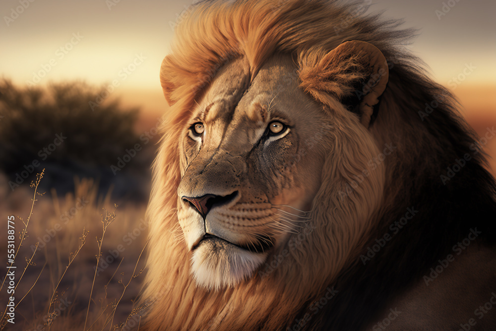  Wild African lion in the savanna. Digital art