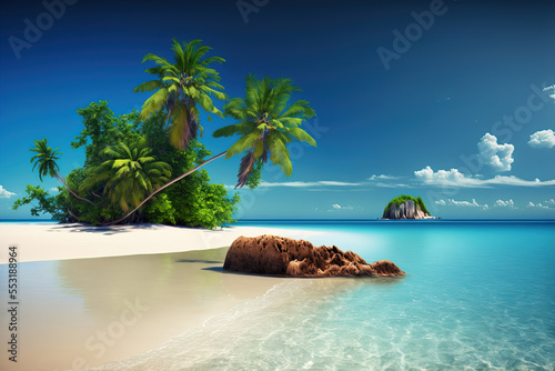 Beautiful tropical beach with white sand, palm trees, turquoise ocean against blue sky with clouds on sunny summer day. Perfect landscape background for relaxing vacation, island of Maldives. Digital 