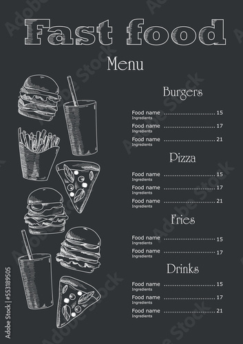 Vintage chalk drawing fast food menu. Fast food cafe menu template flyer. Fast food restaurant menu board vector template.