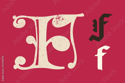 F letter drop cap logo. Illuminated initial and blackletter uppercase and lowercase. All you need to precisely imitate medieval text.