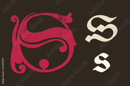 S letter drop cap logo. Illuminated initial and blackletter uppercase and lowercase. All you need to precisely imitate medieval text.