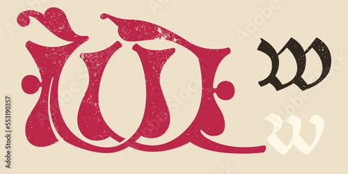 W letter drop cap logo. Illuminated initial and blackletter uppercase and lowercase. All you need to precisely imitate medieval text.