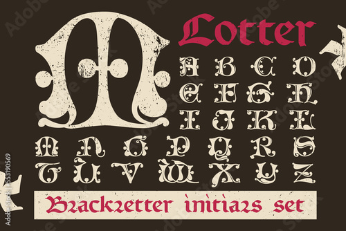 Drop cap alphabet set. Illuminated initials in old blackletter German style. All you need to precisely imitate medieval text.