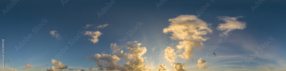 Dramatic sunset sky panorama with Cumulus clouds. Seamless hdr 360 pano in spherical equirectangular format. Complete zenith for 3D visualization, game and sky replacement for aerial drone panoramas Dramatic sunset sky panorama with Cumulus clouds. Seamless hdr 360 pano in spherical equirectangular format. Complete zenith for 3D visualization, game and sky replacement for aerial drone panoramas