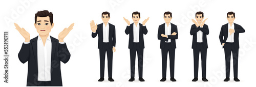 Asian business young man in in black suit showing negative emotions with different gestures set. Upset, dislike, angry, refused isolated vector illustration.