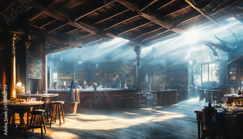 Fotografia Friendly medieval fantasy tavern inn, concept art interior