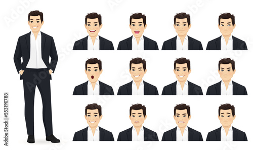Asian business young man in black suit with different facial expressions set vector illustration isolated
