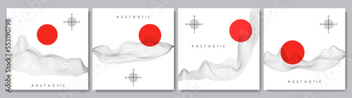 Vector illustration. Minimalist geometric backgrounds collection. Linear wavy pattern. Surreal mountain landscape with sunset. Design elements for social media, web banner, blog post