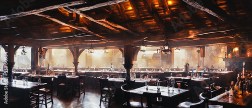 Friendly medieval fantasy tavern inn, concept art interior