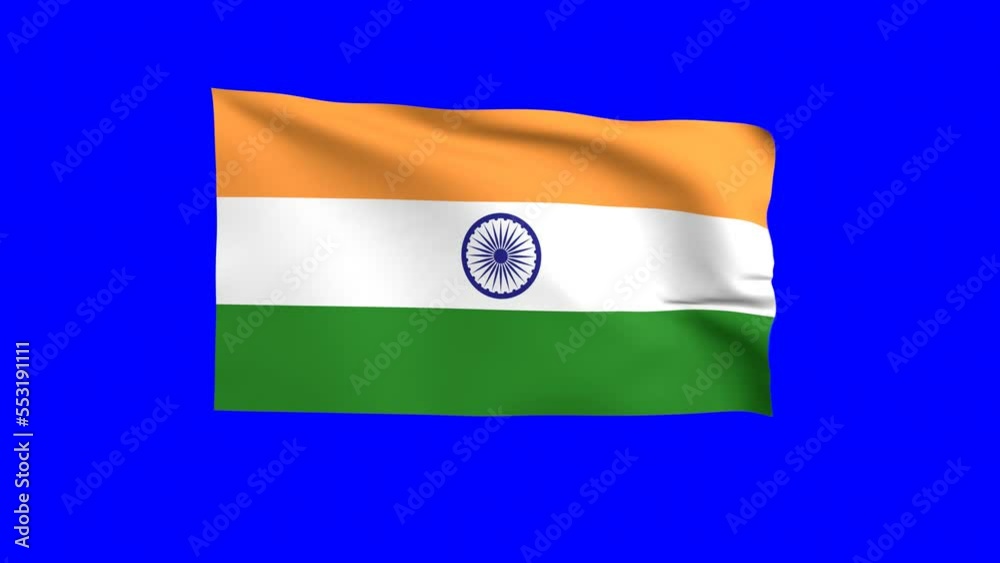 India waving flag 3D animation on a green background. Indian's national flag waves in the strong wind. The national fabric flag of India is isolated on a green screen.