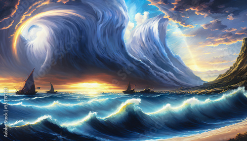 A painting depicting dramatic clouds in the sky during a storm at sea. The dark and foreboding clouds loom over the turbulent waters, creating a sense of impending danger and uncertainty. The waves cr