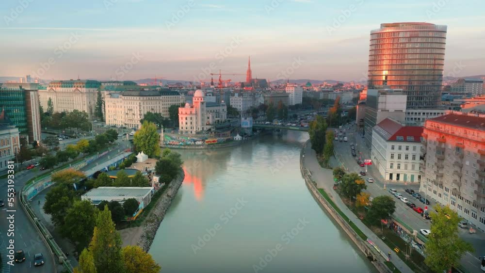 Vienna city famous riverside traffic bridge aerial panorama 4k austria in front vienna cathedral old town Vienna city famous riverside traffic bridge aerial panorama 4k austria in front vienna cathedral old town