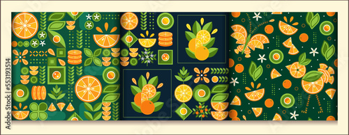 Seamless patterns with oranges in simple geometric style. Abstract shapes. Good for branding, decoration of food package, cover design, decorative print, background.