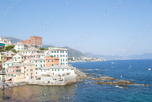 Genoa Panoramic view of Bocadasse district, a set of old colorful houses overlooking the sea and what was once a fishing village, Italy