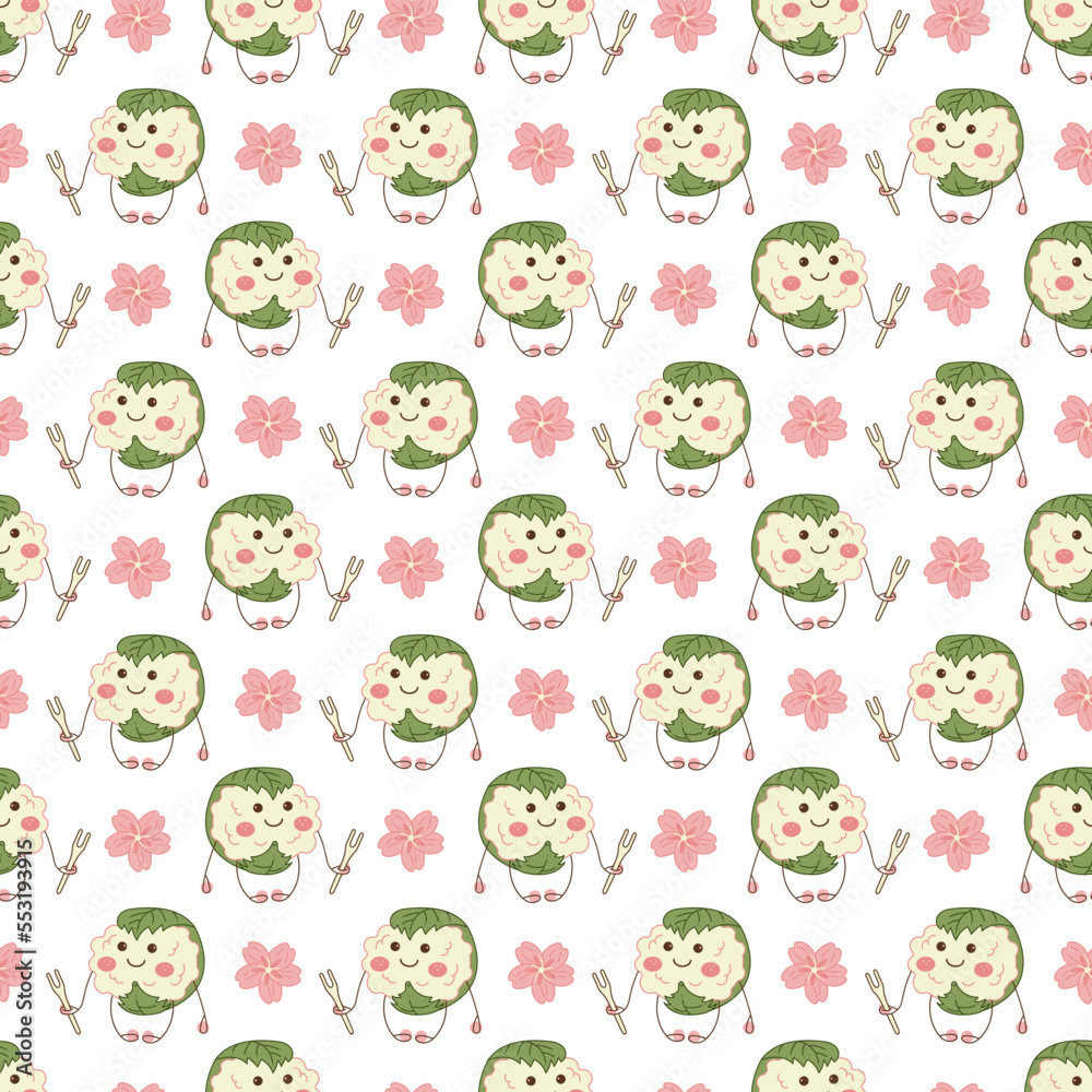 Sakura mochi pattern21. Seamless pattern with cute mochi character with sakura flower. Doodle cartoon vector illustration. 